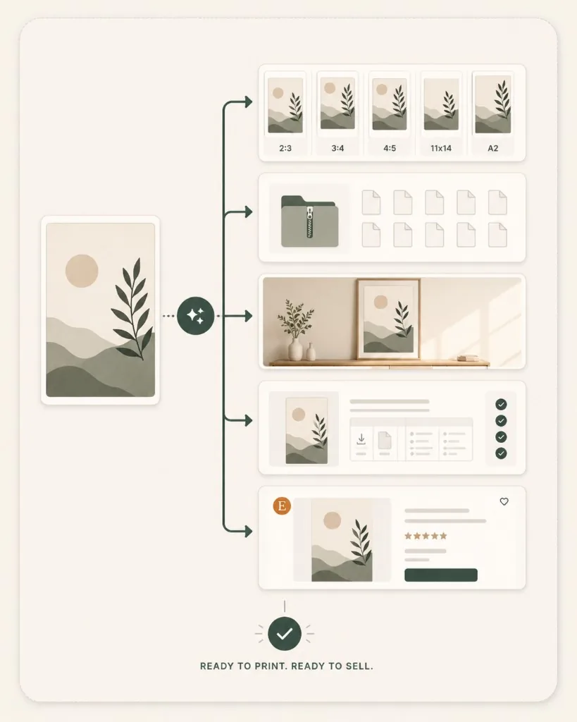 One artwork transformed into print sizes, a ZIP download package, room mockup, size guide, and Etsy listing — ready to print and ready to sell.